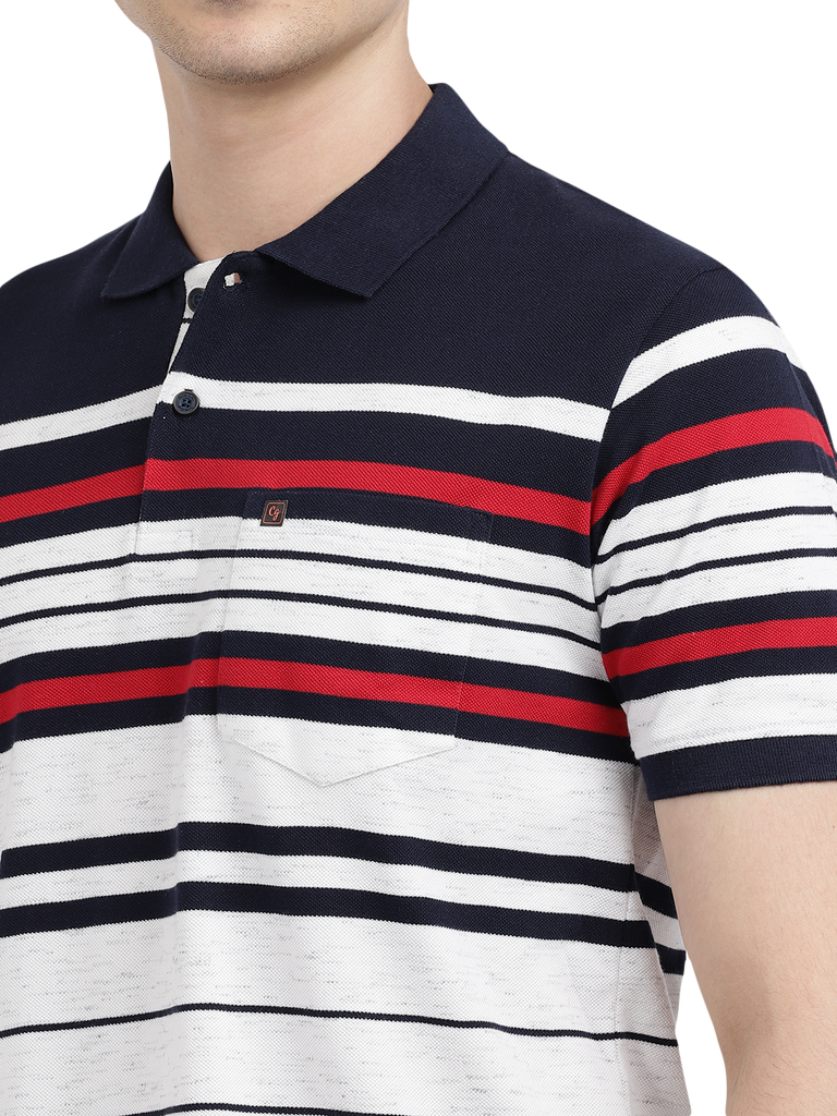 Model wearing Clarke Gable's Navy with White Striped Polo Collar T-Shirt in a casual setting