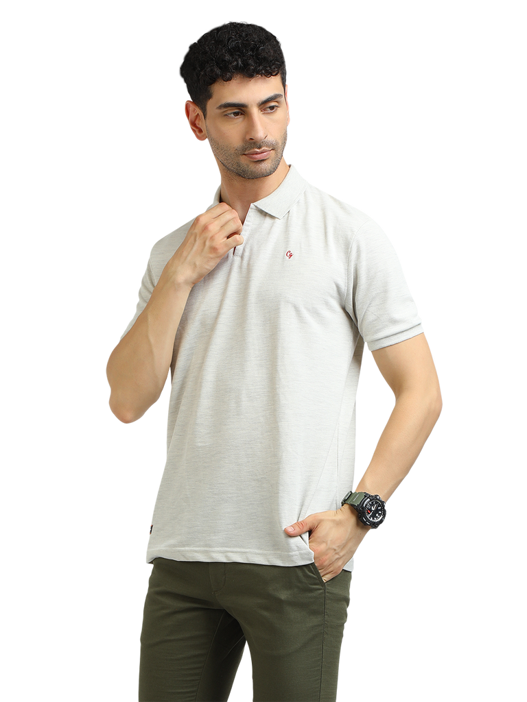 Model wearing Clarke Gable's Oatmeal Solid Polo Collar T-Shirt in a casual setting