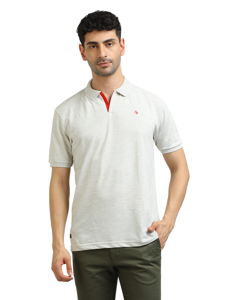 Model wearing Clarke Gable's Oatmeal Solid Polo Collar T-Shirt in a casual setting