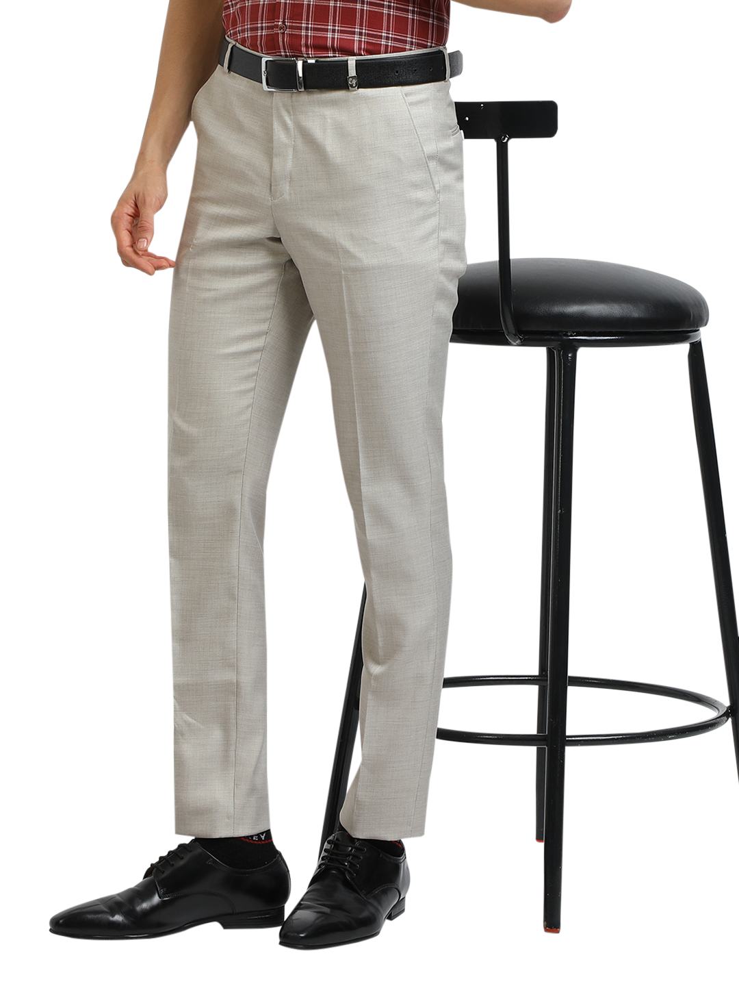 Model wearing Clarke Gable's Off-White Casual Fit Trousers in a casual setting