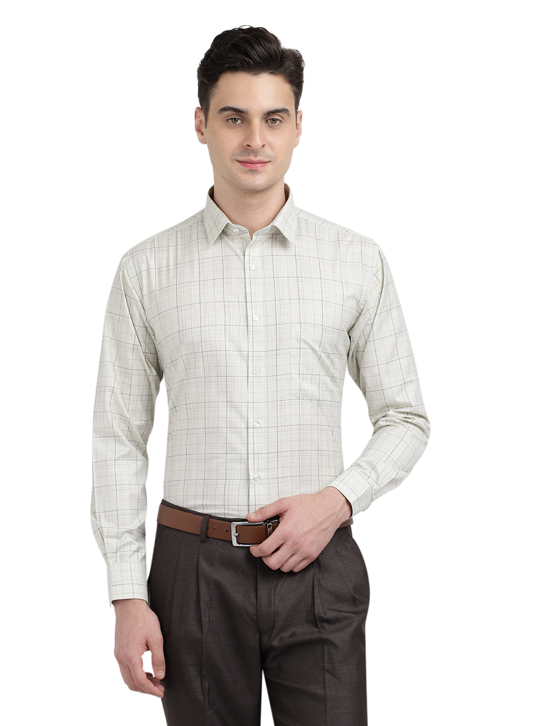 Model wearing Clarke Gable's Off-White With Black Checked Formal Shirt in a casual setting