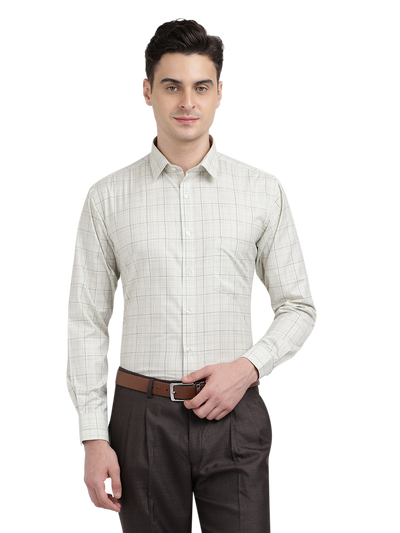 Model wearing Clarke Gable's Off-White With Black Checked Formal Shirt in a casual setting