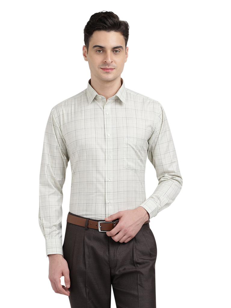 Model wearing Clarke Gable's Off-White With Black Checked Formal Shirt in a casual setting