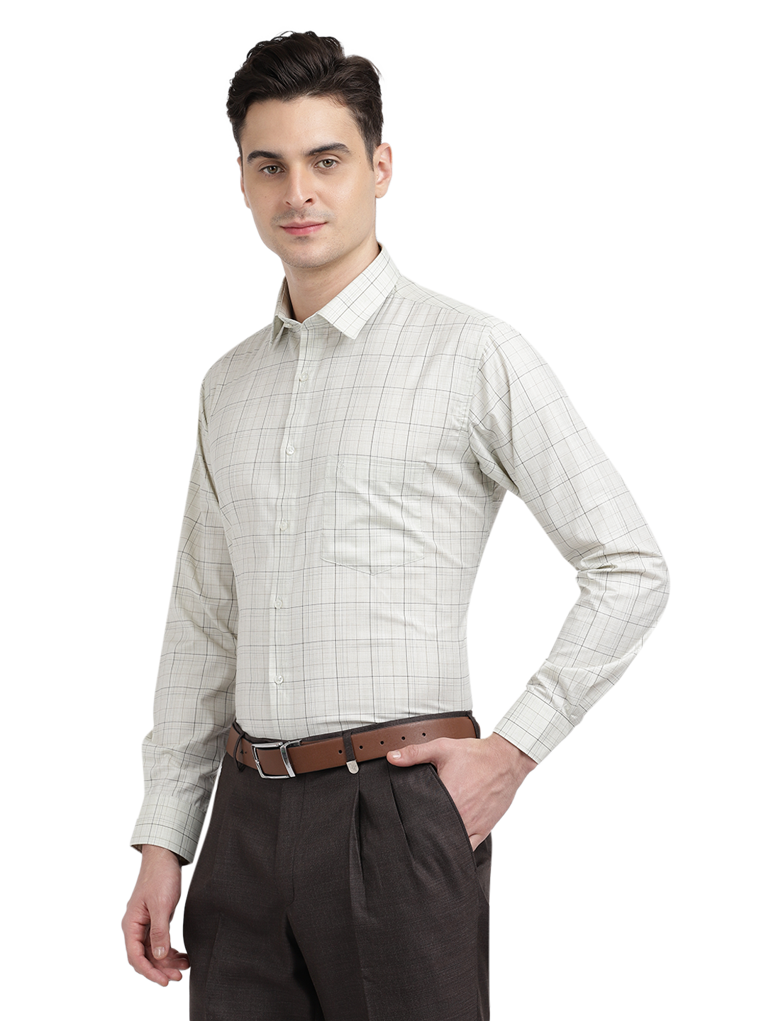 Model wearing Clarke Gable's Off-White With Black Checked Formal Shirt in a casual setting