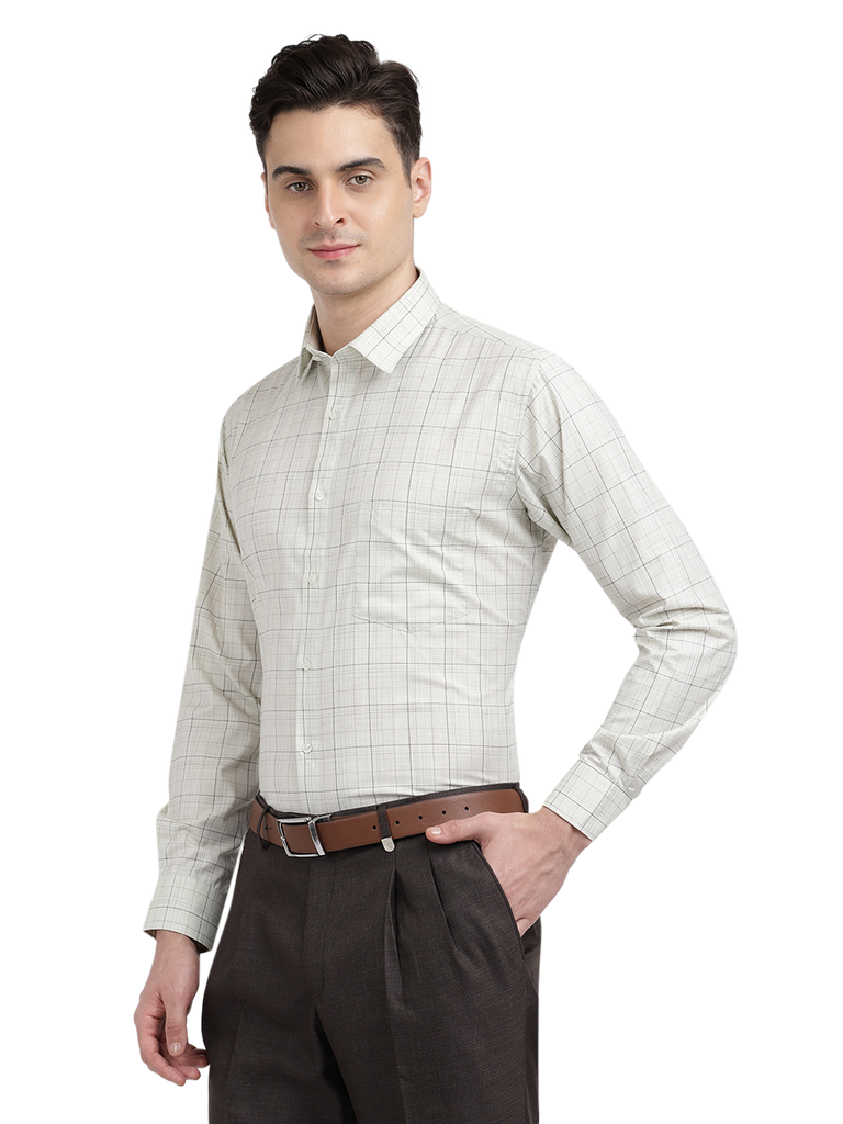 Model wearing Clarke Gable's Off-White With Black Checked Formal Shirt in a casual setting