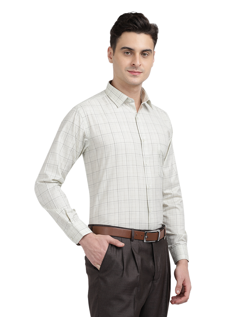 Model wearing Clarke Gable's Off-White With Black Checked Formal Shirt in a casual setting