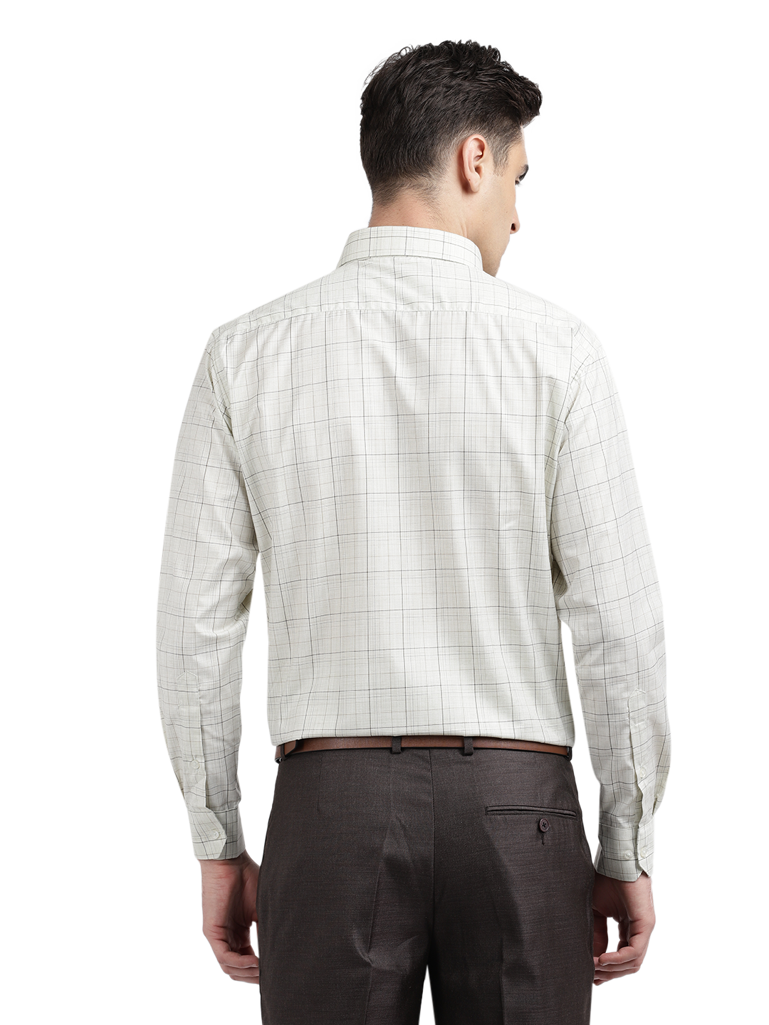 Model wearing Clarke Gable's Off-White With Black Checked Formal Shirt in a casual setting