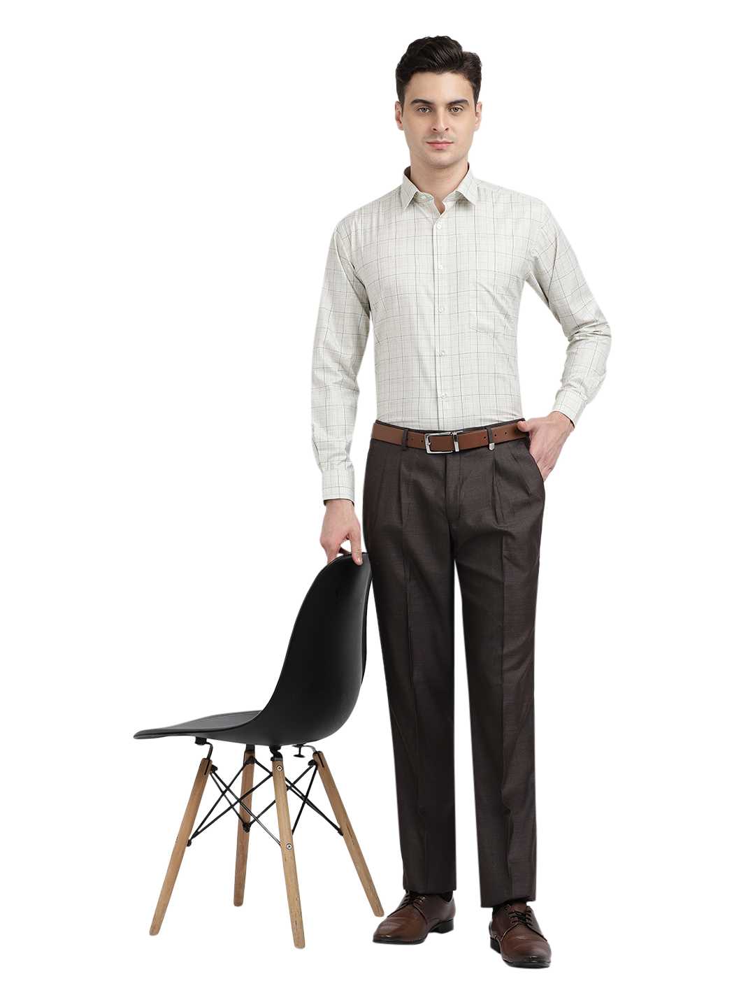 Model wearing Clarke Gable's Off-White With Black Checked Formal Shirt in a casual setting