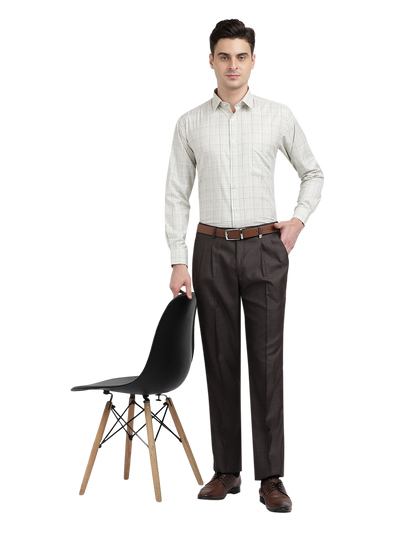 Model wearing Clarke Gable's Off-White With Black Checked Formal Shirt in a casual setting