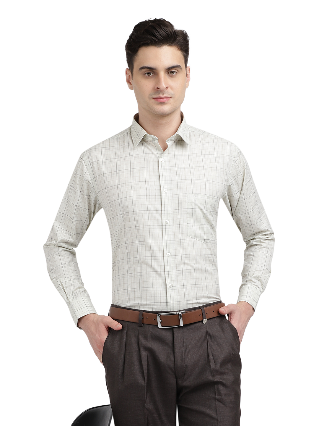 Model wearing Clarke Gable's Off-White With Black Checked Formal Shirt in a casual setting