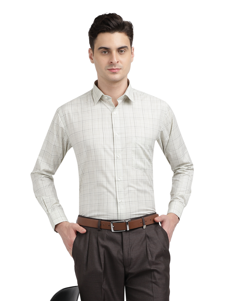 Model wearing Clarke Gable's Off-White With Black Checked Formal Shirt in a casual setting