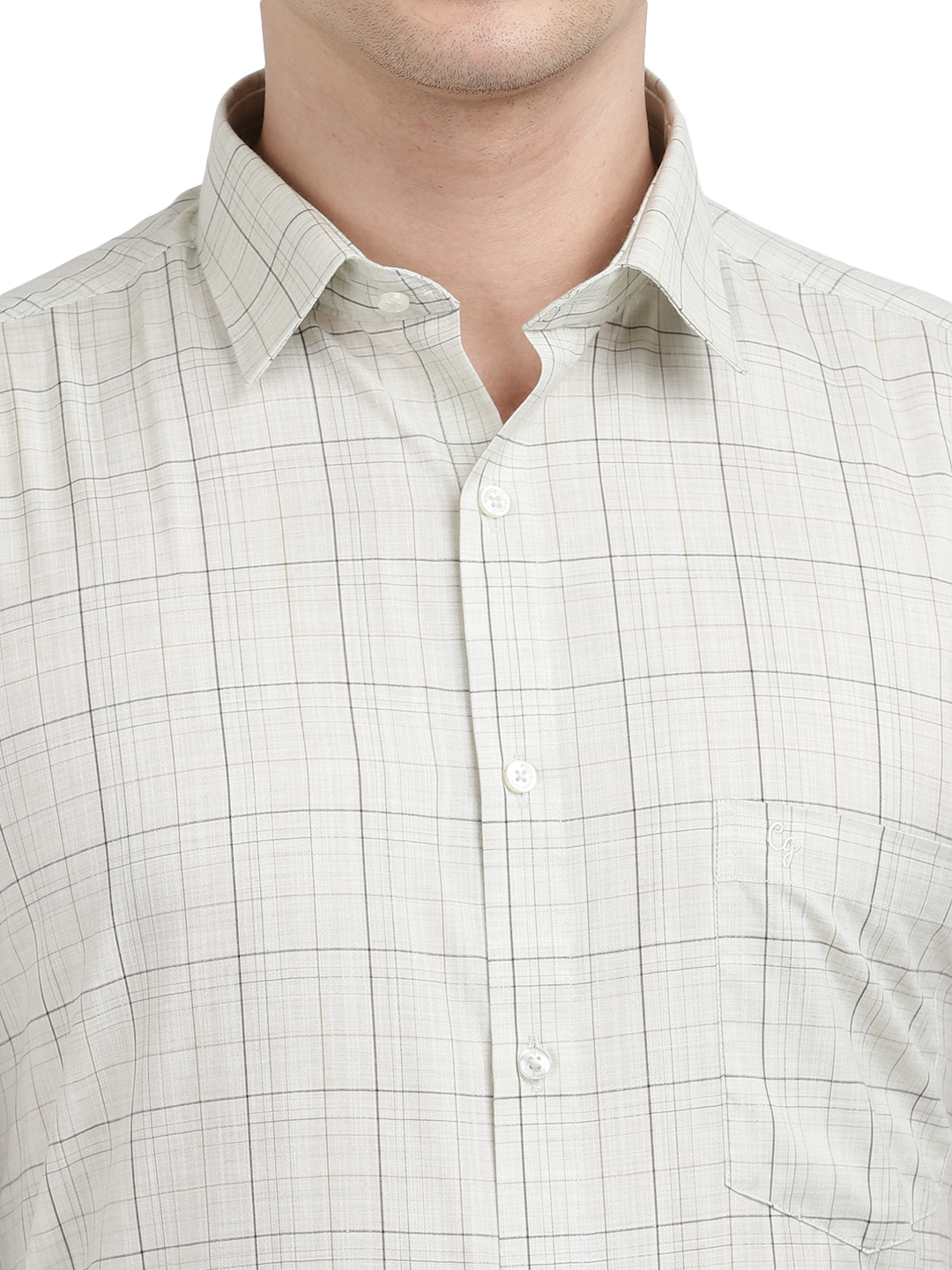 Model wearing Clarke Gable's Off-White With Black Checked Formal Shirt in a casual setting