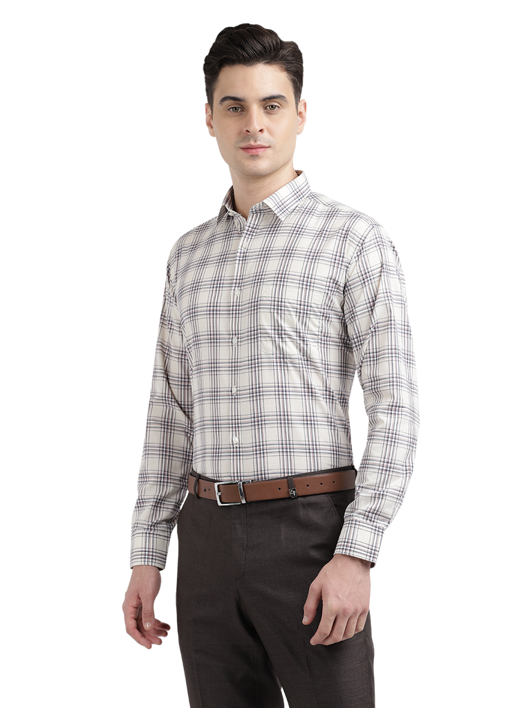 Model wearing Clarke Gable's Off-White With Brown Checked Formal Shirt in a casual setting