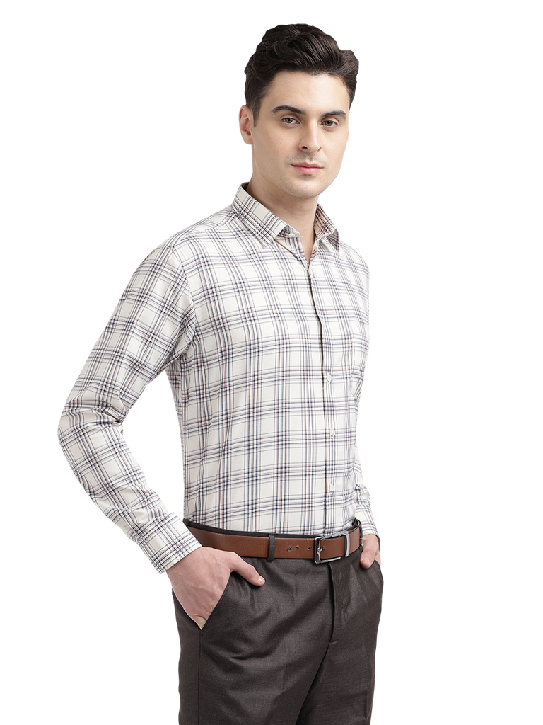 Model wearing Clarke Gable's Off-White With Brown Checked Formal Shirt in a casual setting