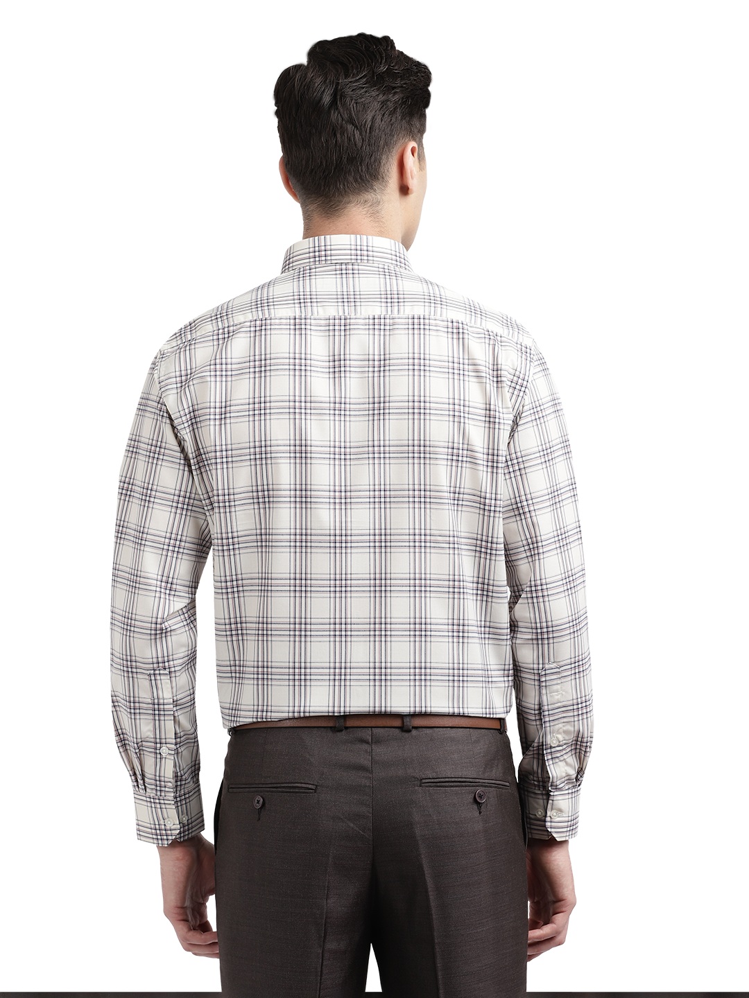 Model wearing Clarke Gable's Off-White With Brown Checked Formal Shirt in a casual setting