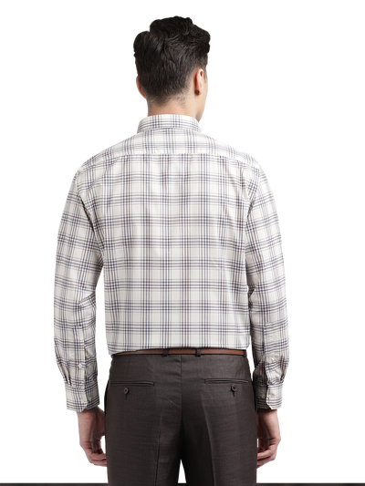 Model wearing Clarke Gable's Off-White With Brown Checked Formal Shirt in a casual setting
