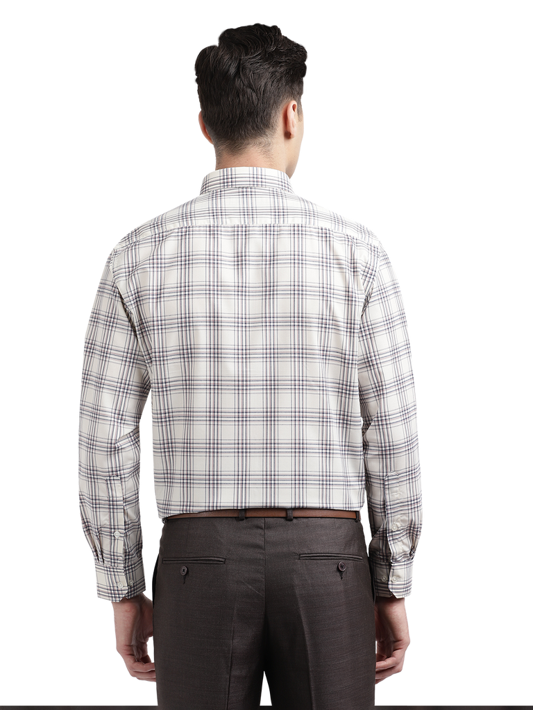 Model wearing Clarke Gable's Off-White With Brown Checked Formal Shirt in a casual setting