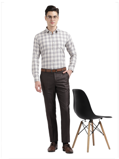 Model wearing Clarke Gable's Off-White With Brown Checked Formal Shirt in a casual setting