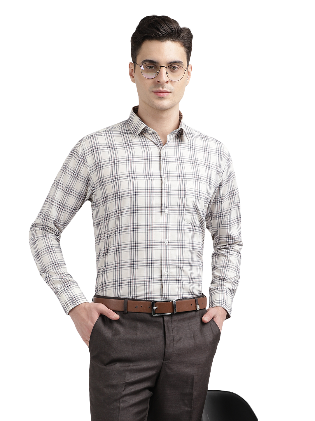 Model wearing Clarke Gable's Off-White With Brown Checked Formal Shirt in a casual setting