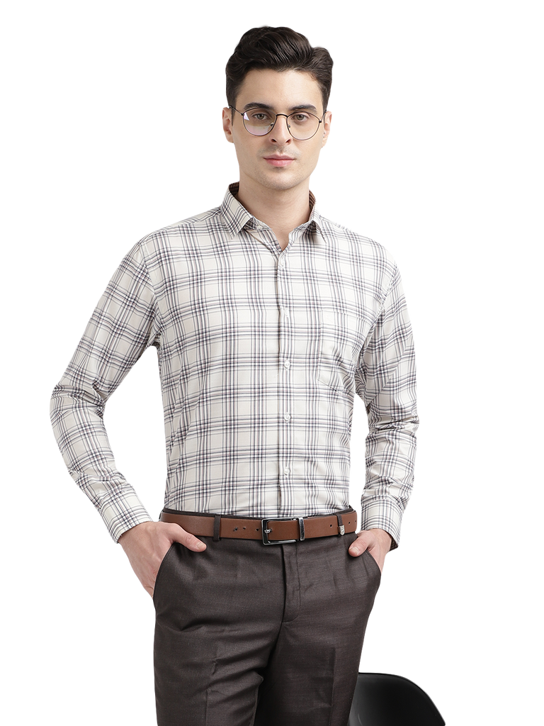 Model wearing Clarke Gable's Off-White With Brown Checked Formal Shirt in a casual setting