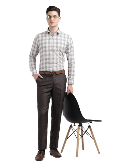 Model wearing Clarke Gable's Off-White With Brown Checked Formal Shirt in a casual setting