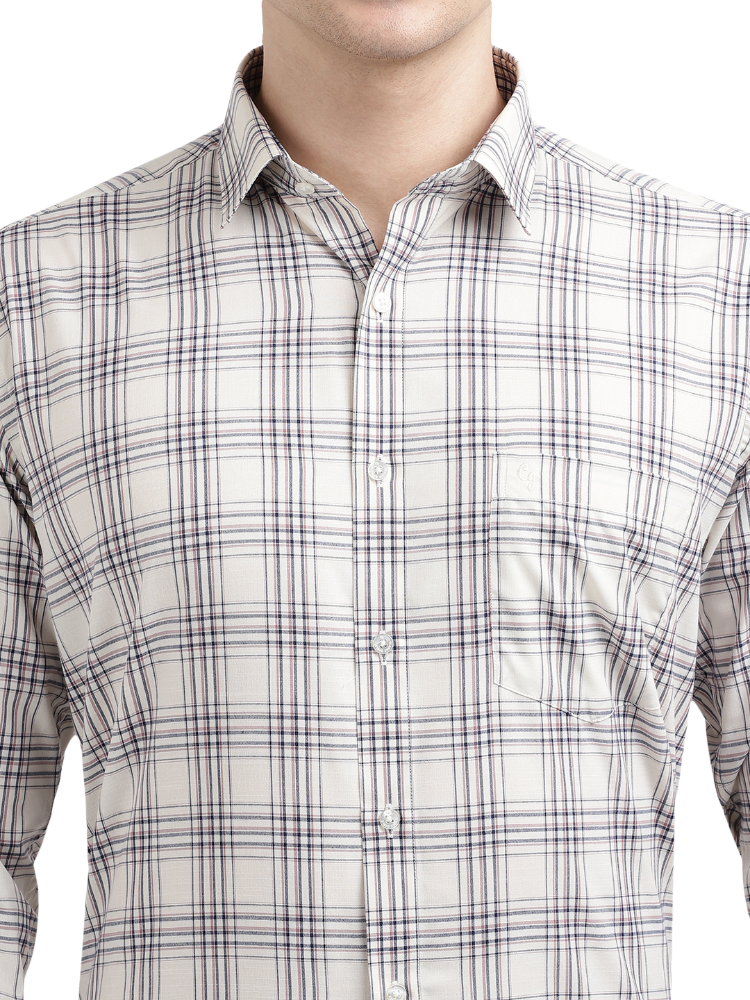 Model wearing Clarke Gable's Off-White With Brown Checked Formal Shirt in a casual setting