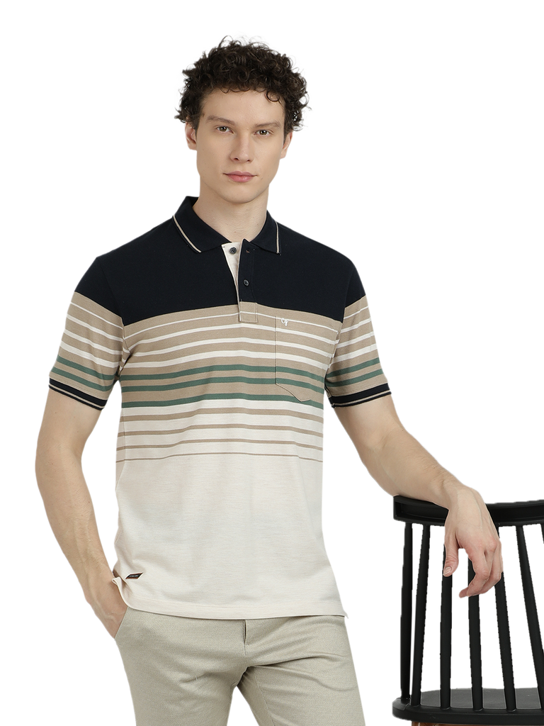Model wearing Clarke Gable's Off White With Black Striped Polo Collar T-Shirt in a casual setting