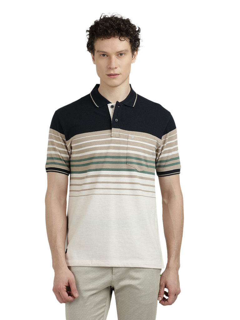 Model wearing Clarke Gable's Off White With Black Striped Polo Collar T-Shirt in a casual setting