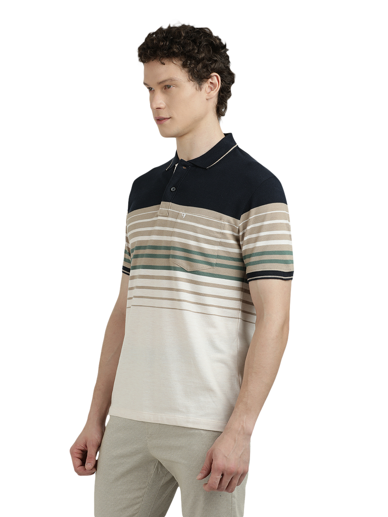 Model wearing Clarke Gable's Off White With Black Striped Polo Collar T-Shirt in a casual setting