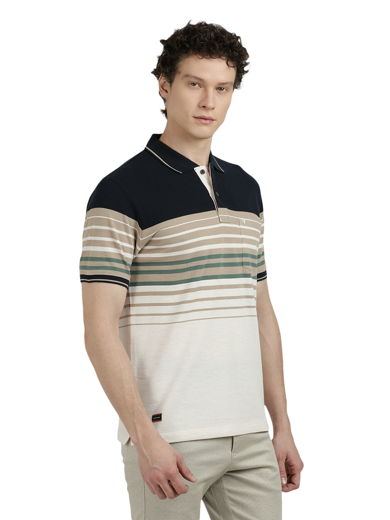 Model wearing Clarke Gable's Off White With Black Striped Polo Collar T-Shirt in a casual setting