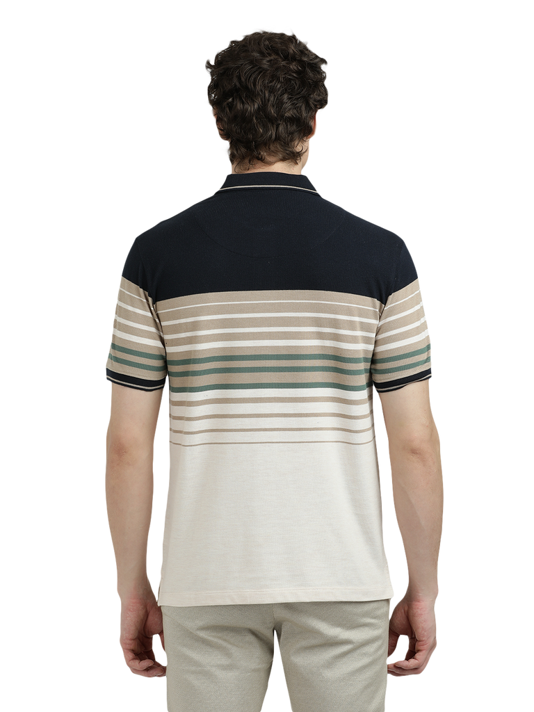 Model wearing Clarke Gable's Off White With Black Striped Polo Collar T-Shirt in a casual setting