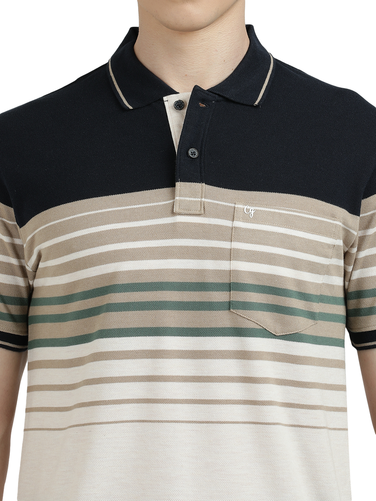 Model wearing Clarke Gable's Off White With Black Striped Polo Collar T-Shirt in a casual setting
