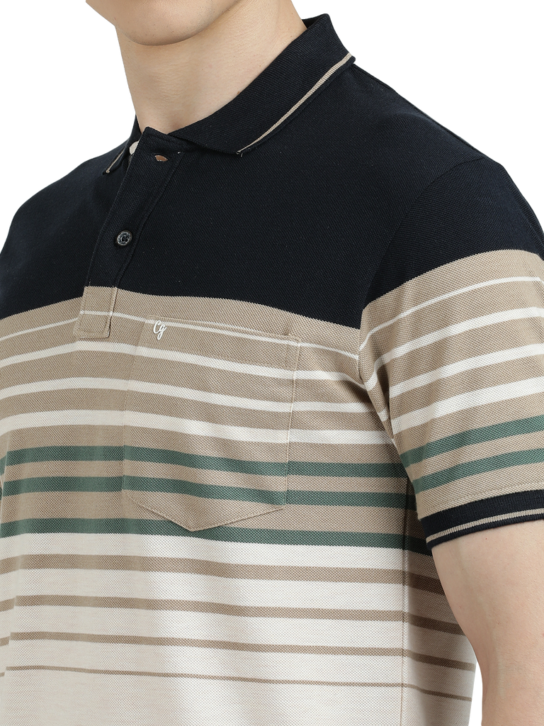 Model wearing Clarke Gable's Off White With Black Striped Polo Collar T-Shirt in a casual setting