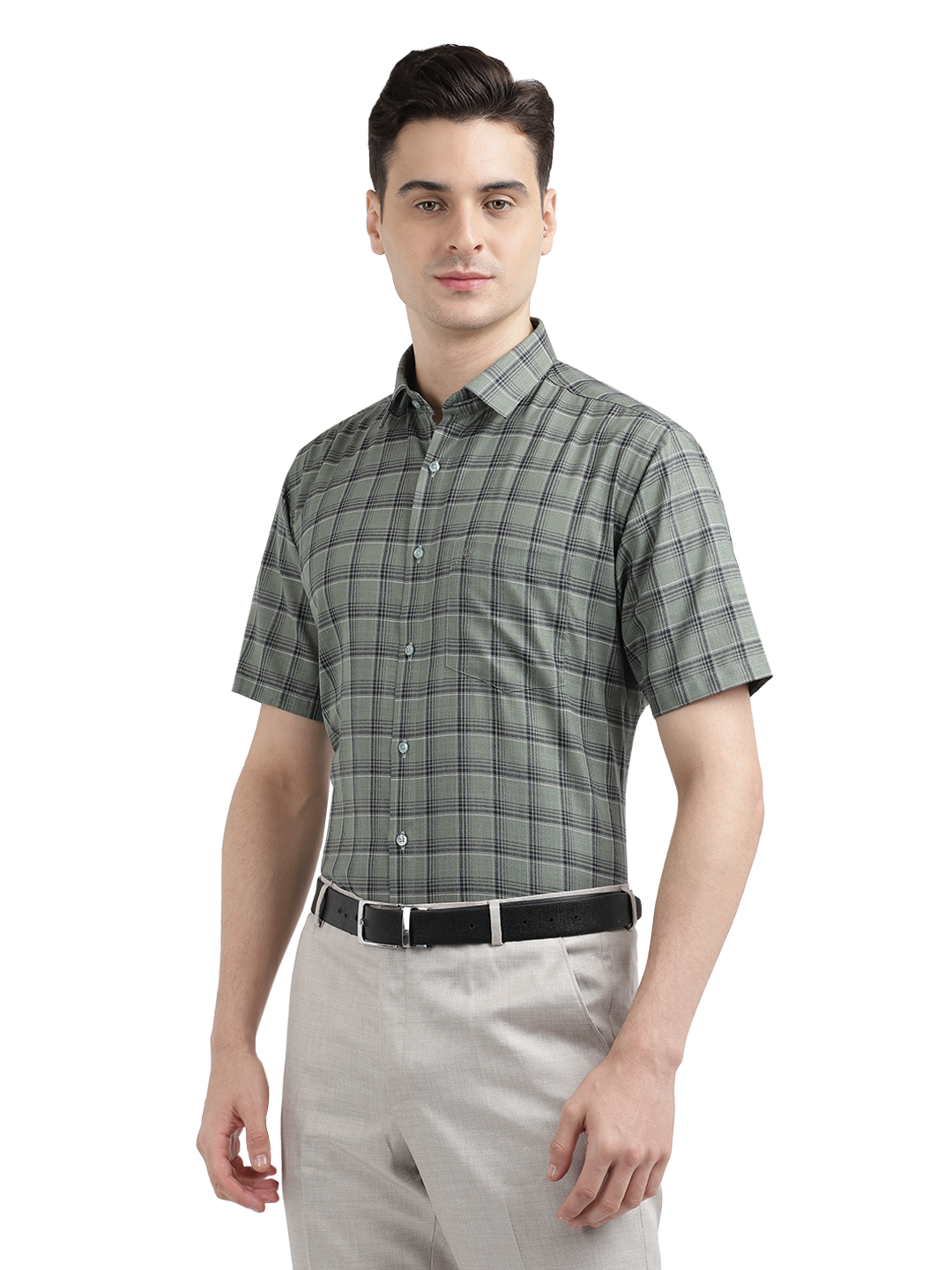 Model wearing Clarke Gable's Olive Green Checked Formal Shirt in a casual setting