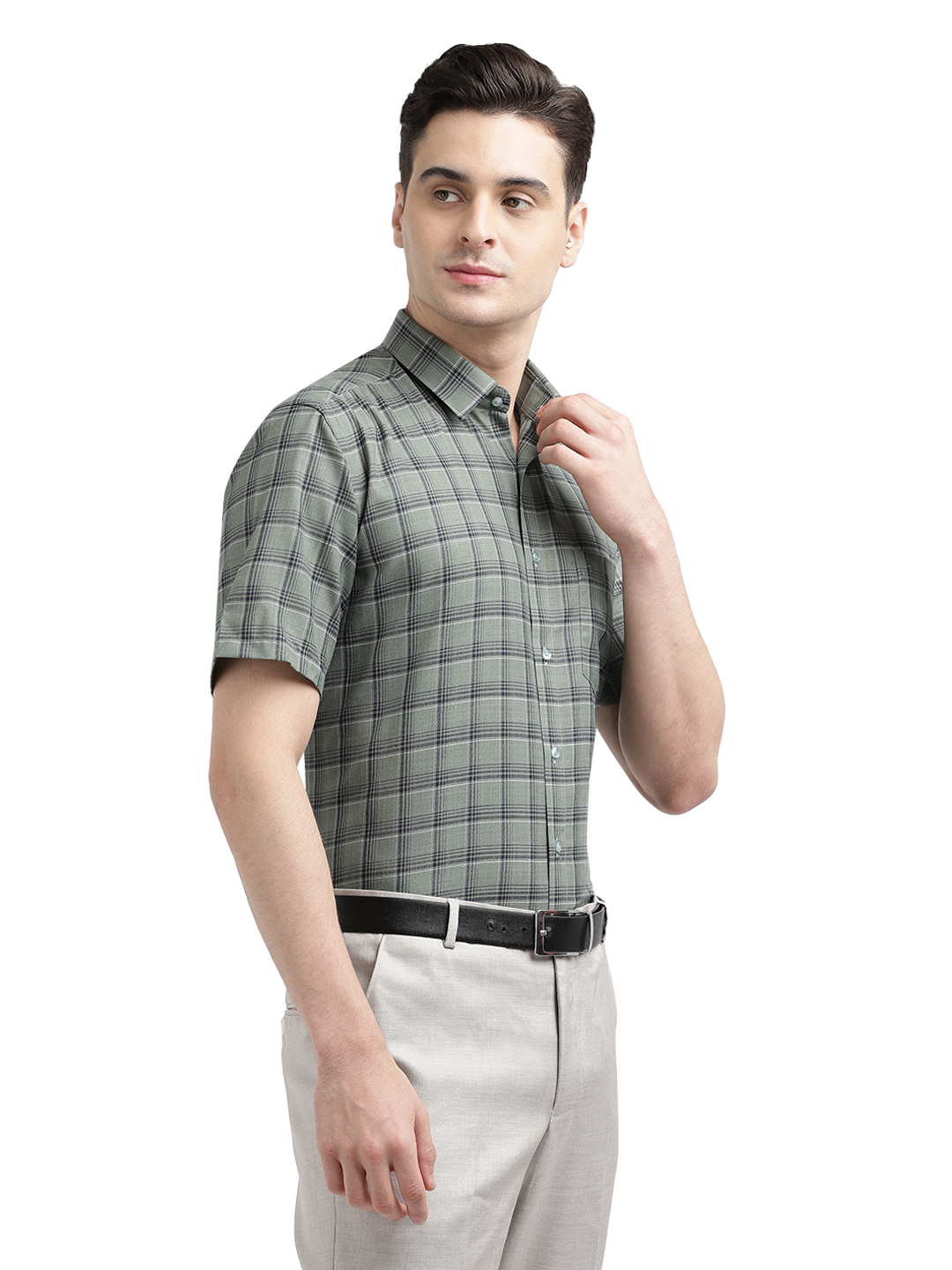 Model wearing Clarke Gable's Olive Green Checked Formal Shirt in a casual setting