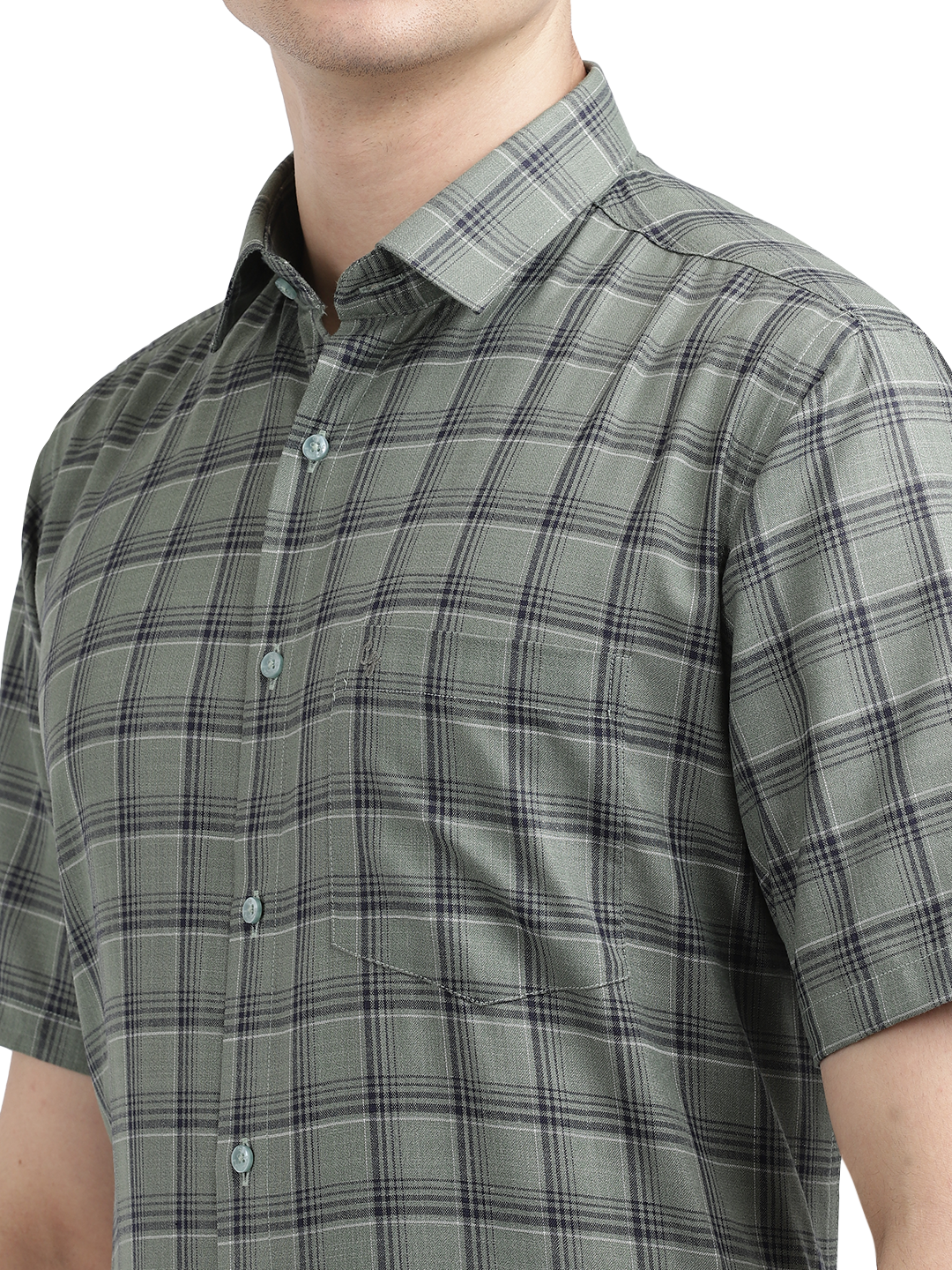 Model wearing Clarke Gable's Olive Green Checked Formal Shirt in a casual setting