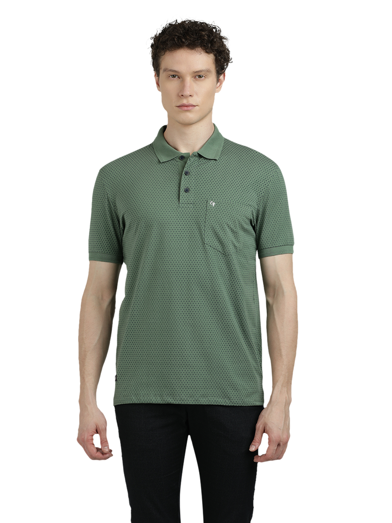 Model wearing Clarke Gable's Olive Green Printed Polo Collar T-Shirt in a casual setting