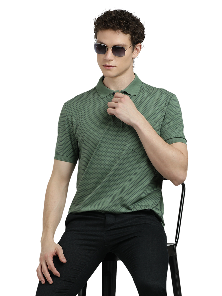 Model wearing Clarke Gable's Olive Green Printed Polo Collar T-Shirt in a casual setting