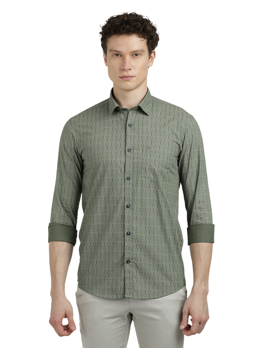 Model wearing Clarke Gable's Olive Green Printed Semi Casual Shirt in a casual setting