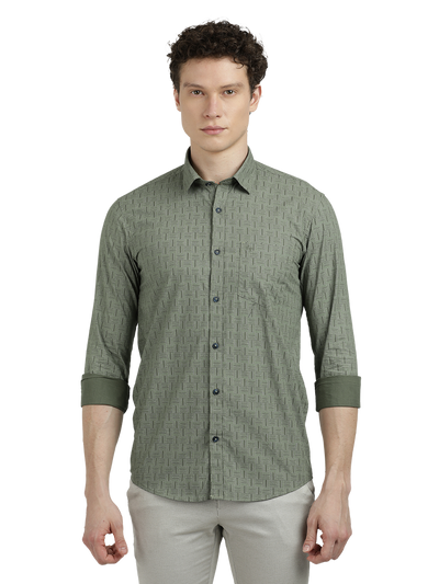Model wearing Clarke Gable's Olive Green Printed Semi Casual Shirt in a casual setting