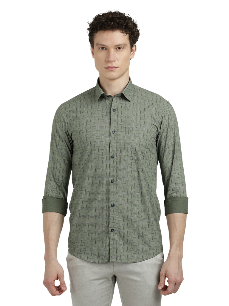 Model wearing Clarke Gable's Olive Green Printed Semi Casual Shirt in a casual setting