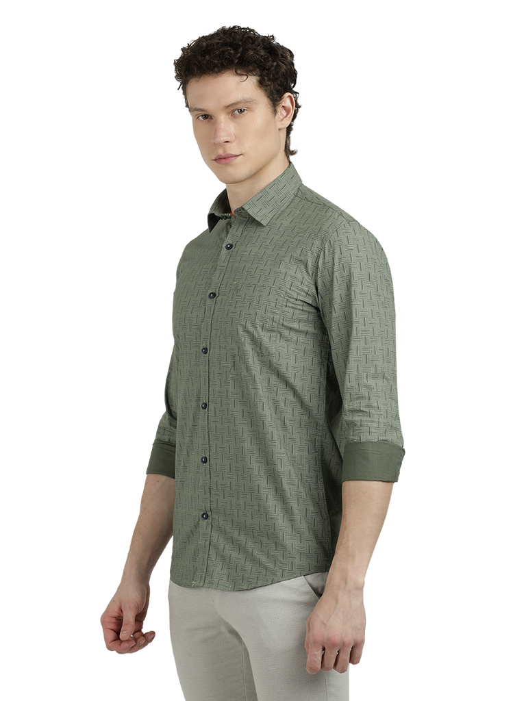 Model wearing Clarke Gable's Olive Green Printed Semi Casual Shirt in a casual setting