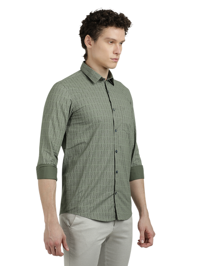 Model wearing Clarke Gable's Olive Green Printed Semi Casual Shirt in a casual setting