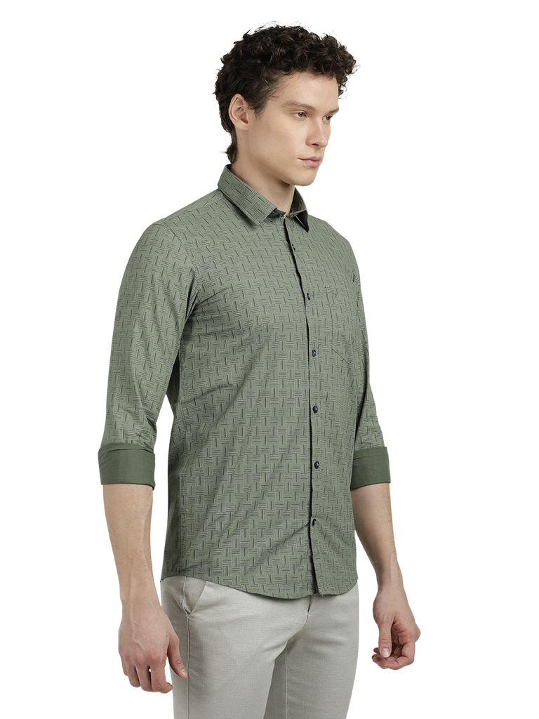 Model wearing Clarke Gable's Olive Green Printed Semi Casual Shirt in a casual setting