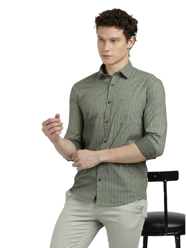 Model wearing Clarke Gable's Olive Green Printed Semi Casual Shirt in a casual setting