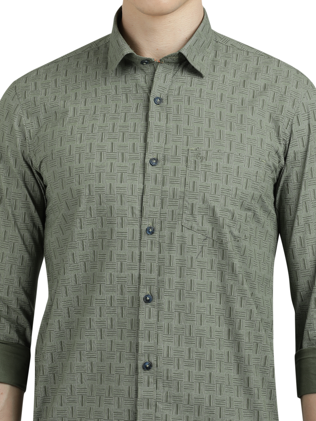 Model wearing Clarke Gable's Olive Green Printed Semi Casual Shirt in a casual setting