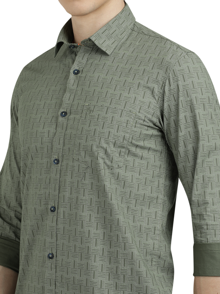 Model wearing Clarke Gable's Olive Green Printed Semi Casual Shirt in a casual setting