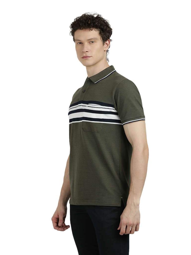 Model wearing Clarke Gable's Olive Green with White Striped Polo Collar T-Shirt in a casual setting