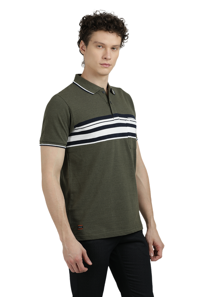 Model wearing Clarke Gable's Olive Green with White Striped Polo Collar T-Shirt in a casual setting