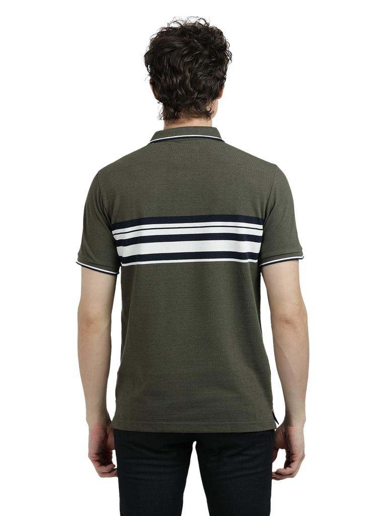 Model wearing Clarke Gable's Olive Green with White Striped Polo Collar T-Shirt in a casual setting